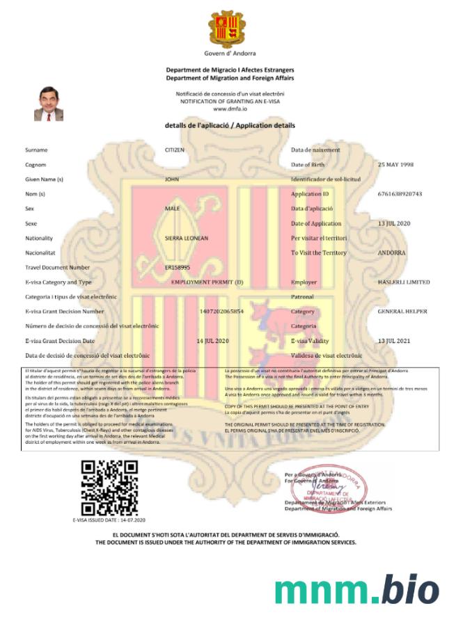 Szablon e-visa do Andory ze wszystkimi czcionkami